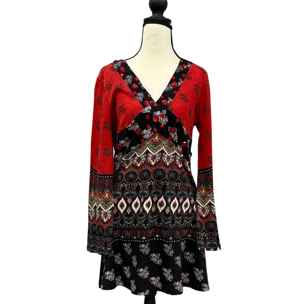 Festival Boho India Cotton Mini Dress Rhinestone V Neck Bell Sleeve Tunic Size S
